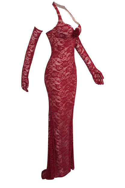 Marjorie Red Rose Lace Halter Maxi Dress
