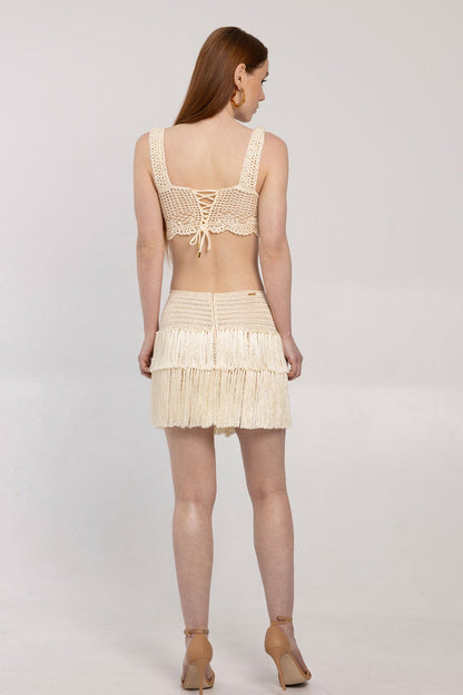 Elaine Crop Top & Fringed Mini Skirt Knit Set