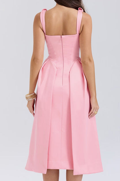 Deep V Neck Cinch Waist Satin Midi Dress