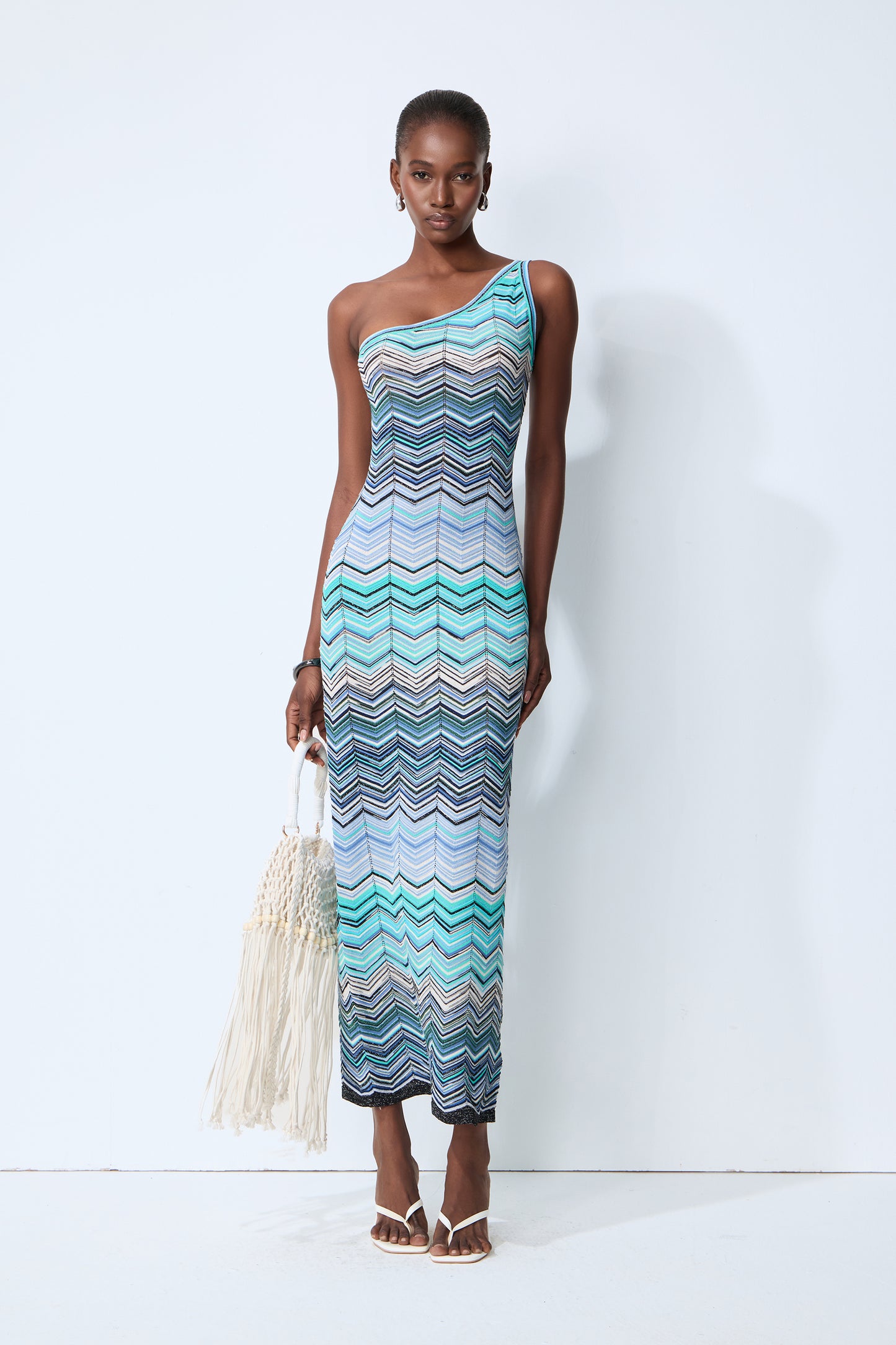 Chasing Paradise Blue Chevron One Shoulder Maxi Dress