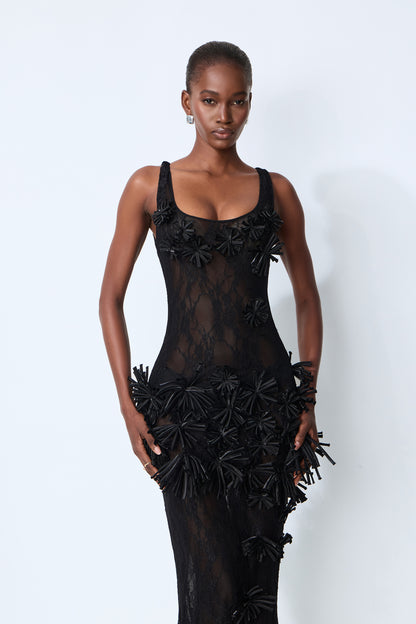 Midnight Desire Black Sheer Lace Floral Applique Maxi Dress