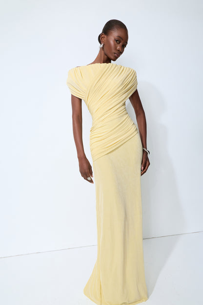 Made to Shine Yellow Off Shoulder Ruched Maxi Dress