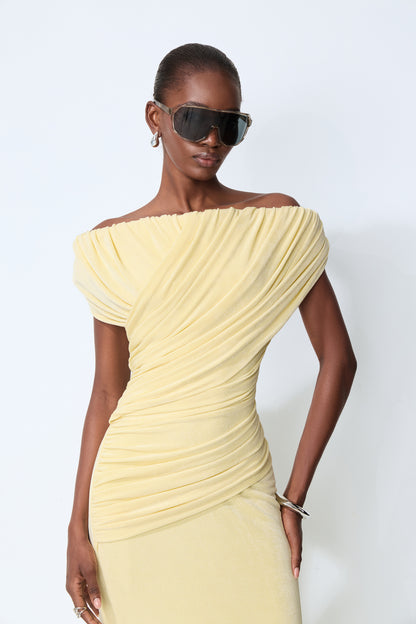 Made to Shine Yellow Off Shoulder Ruched Maxi Dress