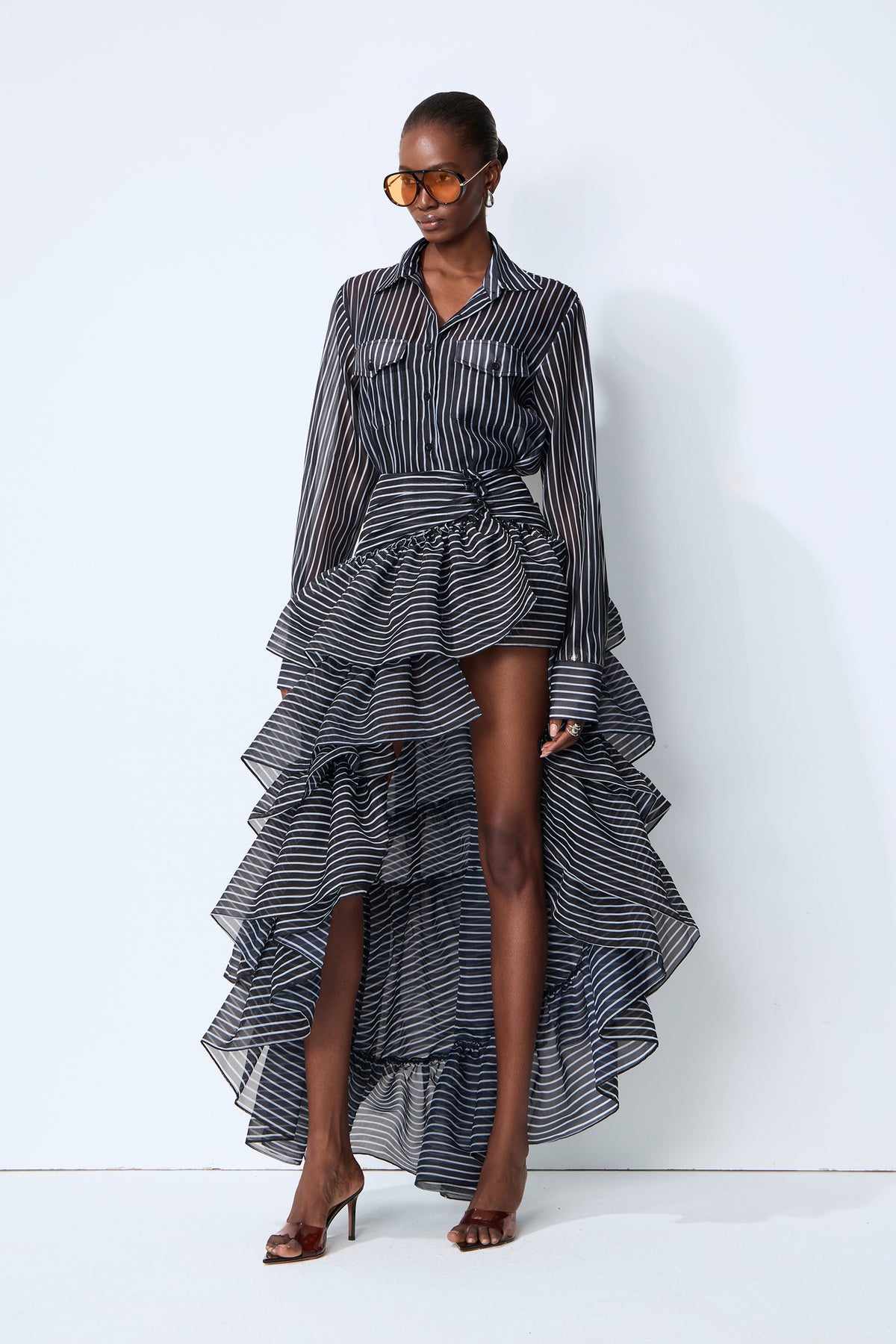 Effortless Style Black Striped Shirt & Tiered Skirt Set