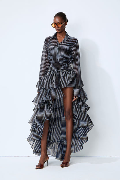 Effortless Style Black Striped Shirt & Tiered Skirt Set