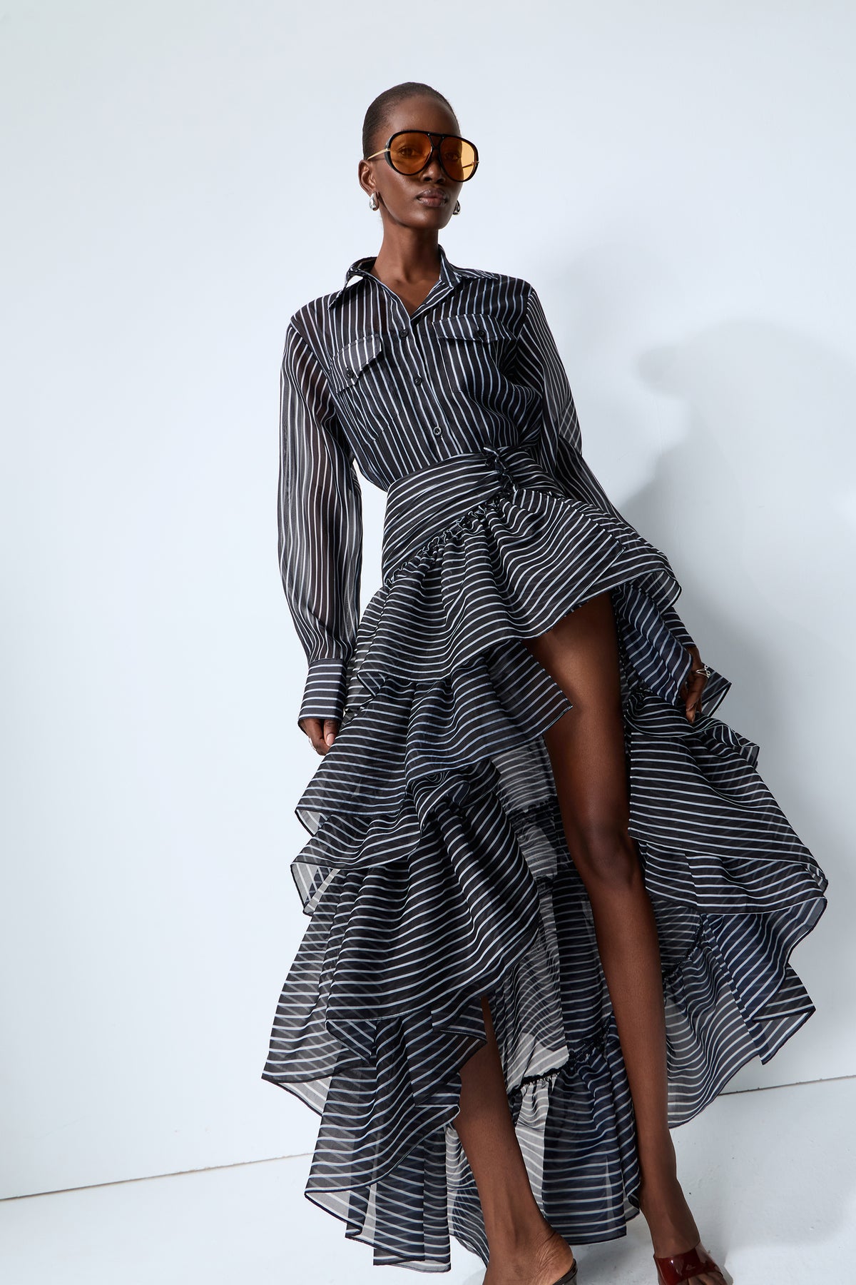 Effortless Style Black Striped Shirt & Tiered Skirt Set