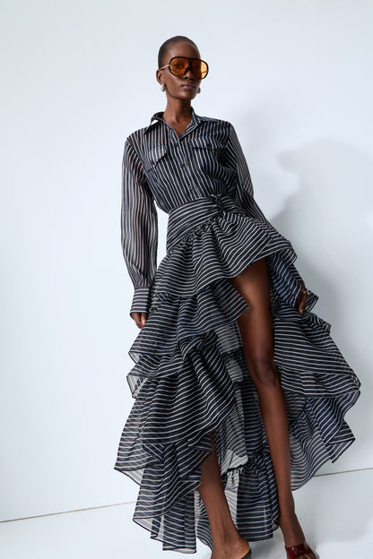 Effortless Style Black Striped Shirt & Tiered Skirt Set