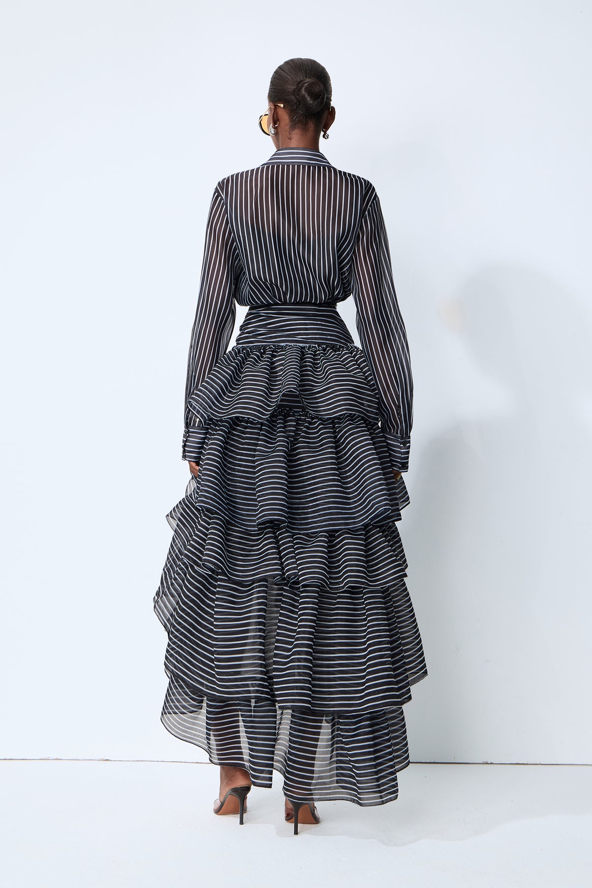 Effortless Style Black Striped Shirt & Tiered Skirt Set