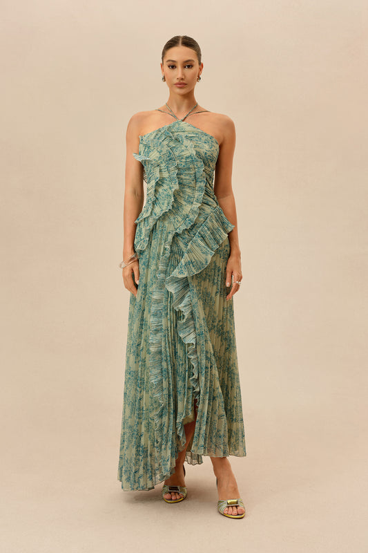 First Impression Dark Green Floral Print Ruffle Trim Maxi Dress