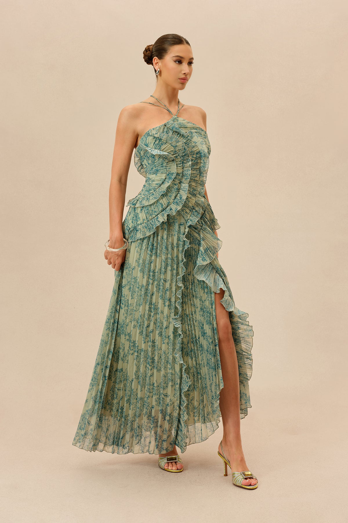 First Impression Dark Green Floral Print Ruffle Trim Maxi Dress