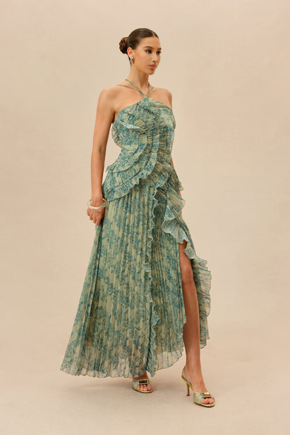 First Impression Dark Green Floral Print Ruffle Trim Maxi Dress