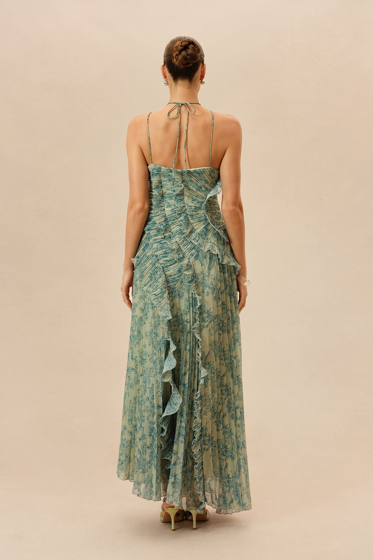 First Impression Dark Green Floral Print Ruffle Trim Maxi Dress