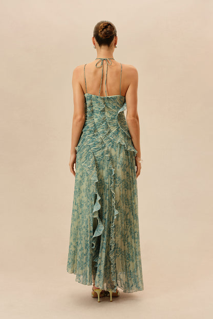 First Impression Dark Green Floral Print Ruffle Trim Maxi Dress