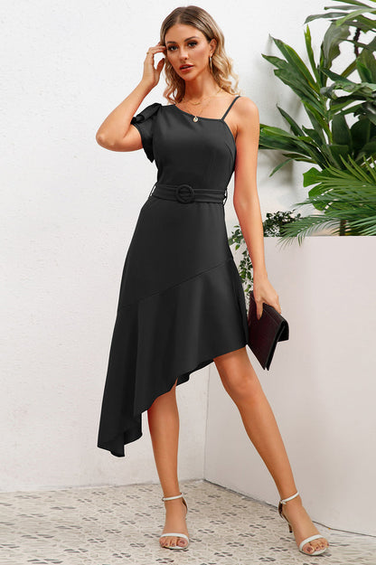 Asymmetrical Neck Flutter Sleeve Dress
