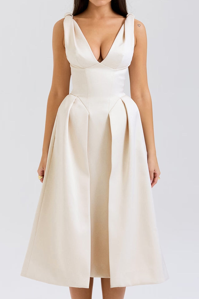 Deep V Neck Cinch Waist Satin Midi Dress