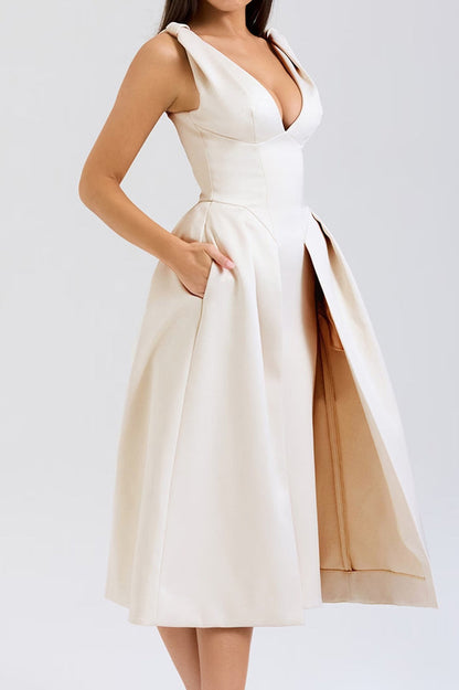 Deep V Neck Cinch Waist Satin Midi Dress
