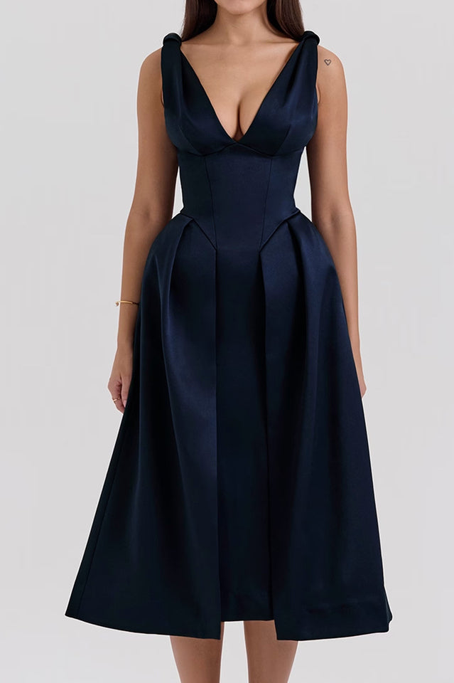 Deep V Neck Cinch Waist Satin Midi Dress