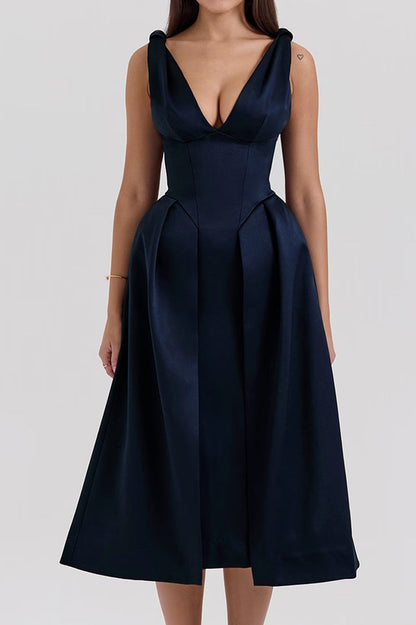 Deep V Neck Cinch Waist Satin Midi Dress