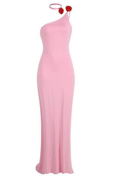 Floral-Appliqué One Shoulder Gown