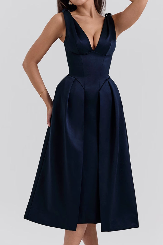 Deep V Neck Cinch Waist Satin Midi Dress