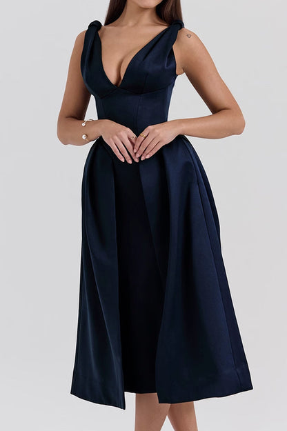 Deep V Neck Cinch Waist Satin Midi Dress