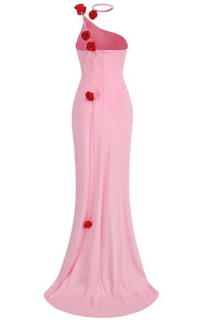 Floral-Appliqué One Shoulder Gown