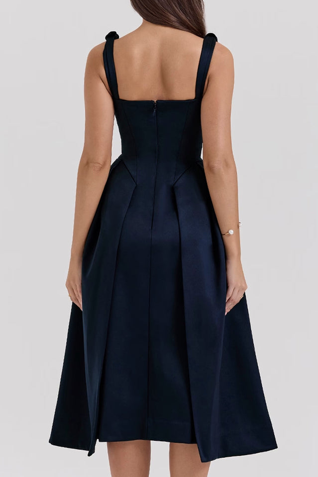 Deep V Neck Cinch Waist Satin Midi Dress