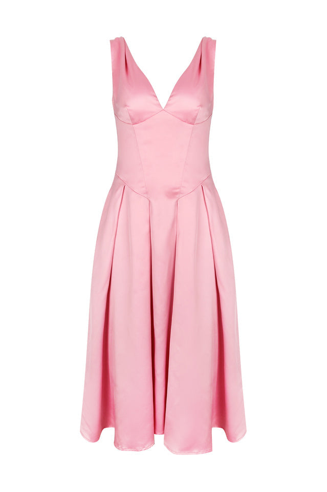 Deep V Neck Cinch Waist Satin Midi Dress