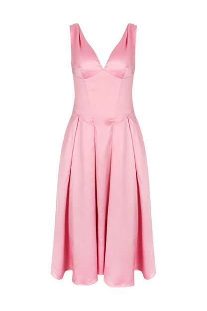Deep V Neck Cinch Waist Satin Midi Dress