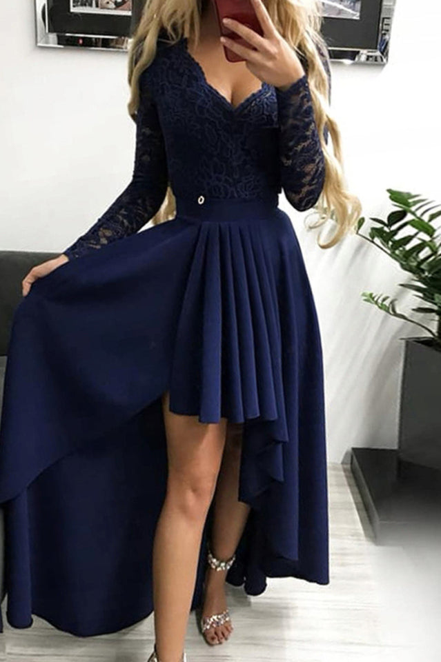 Floral Lace Satin Maxi Prom Dress