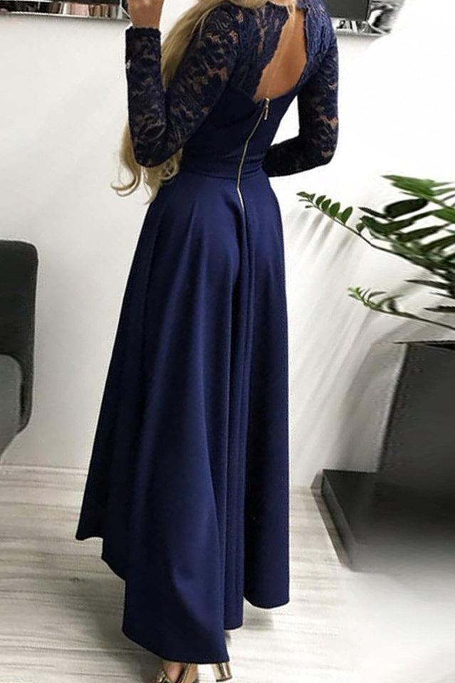 Floral Lace Satin Maxi Prom Dress