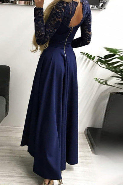 Floral Lace Satin Maxi Prom Dress