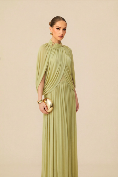 Twilight Whispers Green Draped Cape Sleeve Knit Maxi Dress