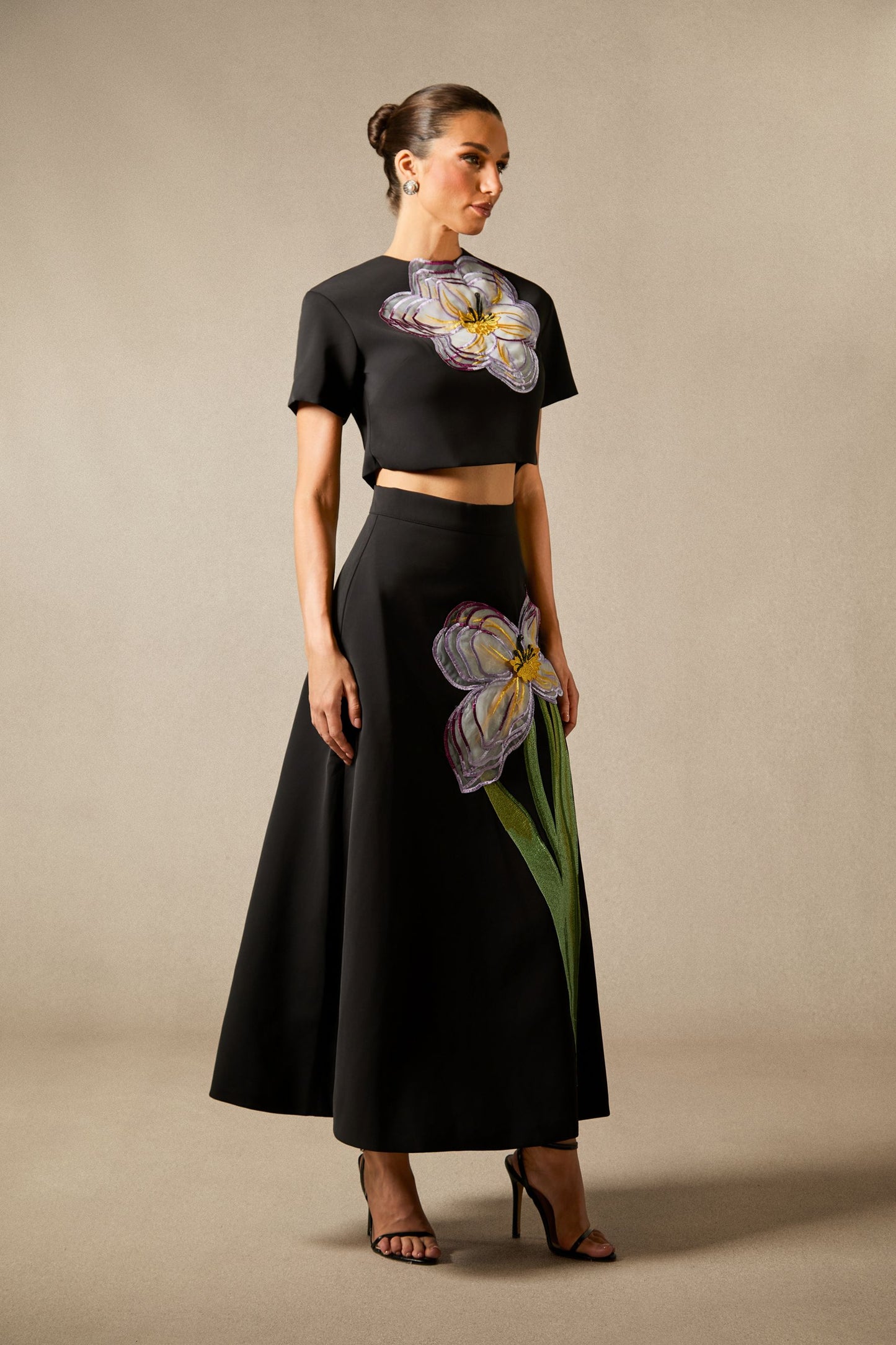 Angelica Floral Applique Short Sleeve Top & Skirt Set