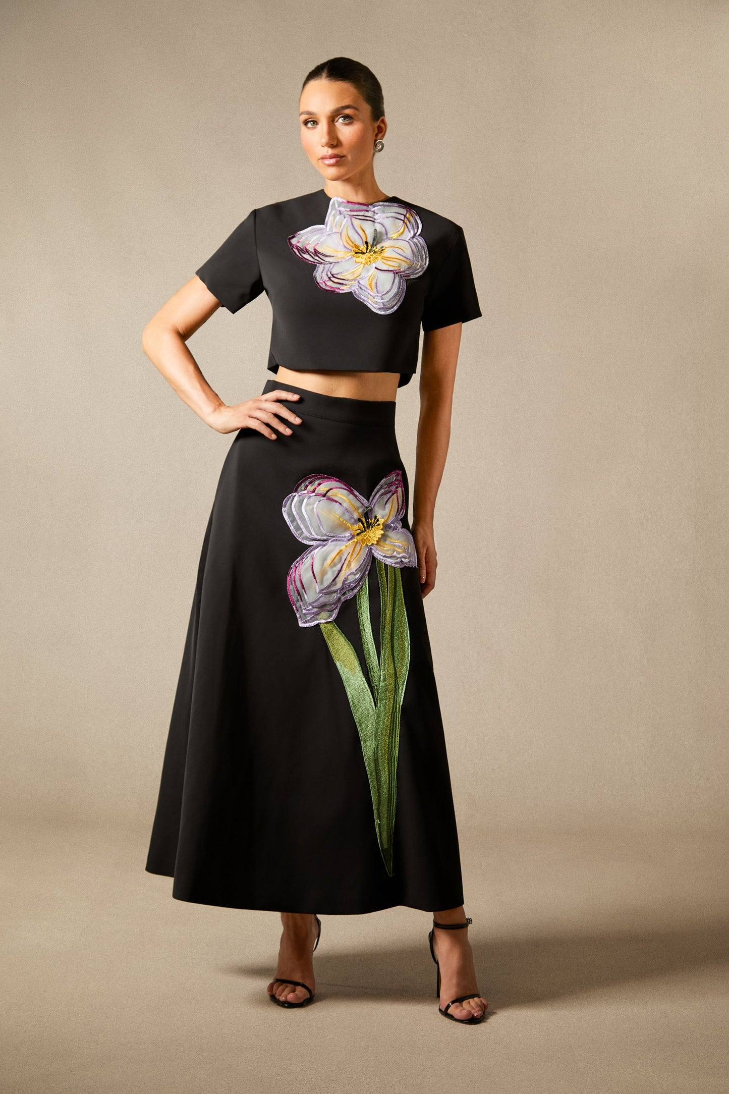 Angelica Floral Applique Short Sleeve Top & Skirt Set