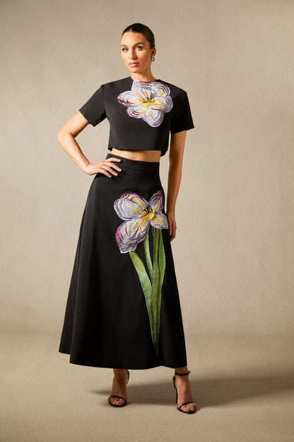 Angelica Floral Applique Short Sleeve Top & Skirt Set