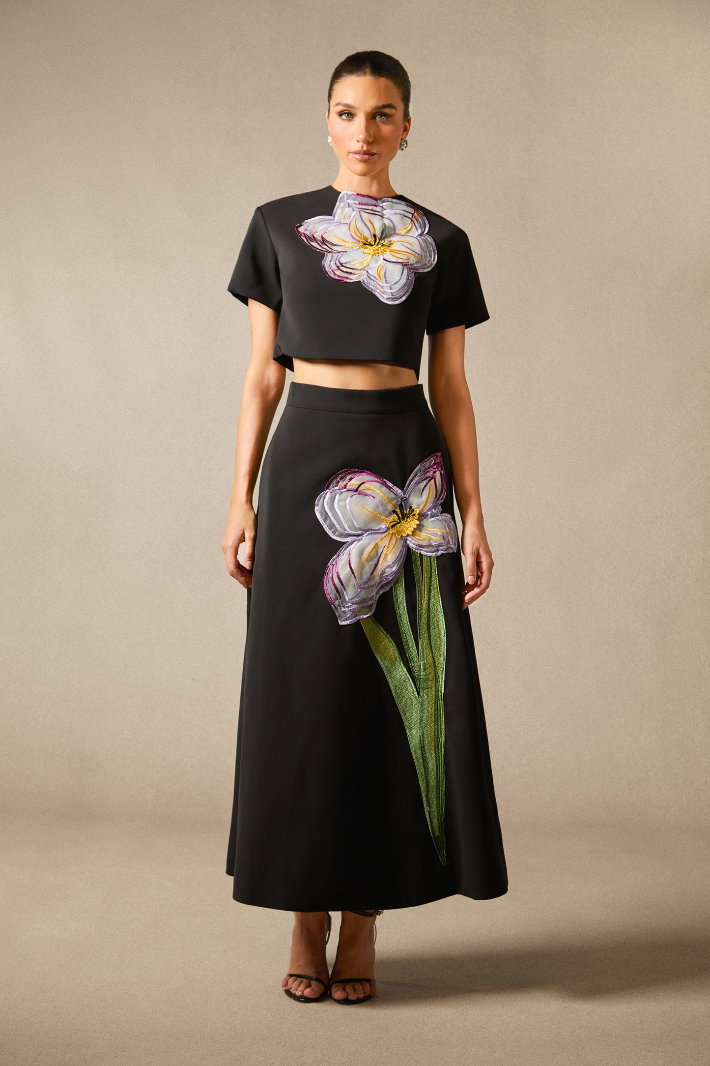 Angelica Floral Applique Short Sleeve Top & Skirt Set