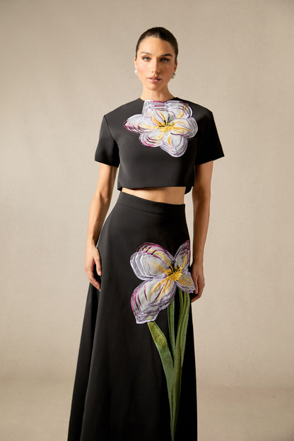 Angelica Floral Applique Short Sleeve Top & Skirt Set