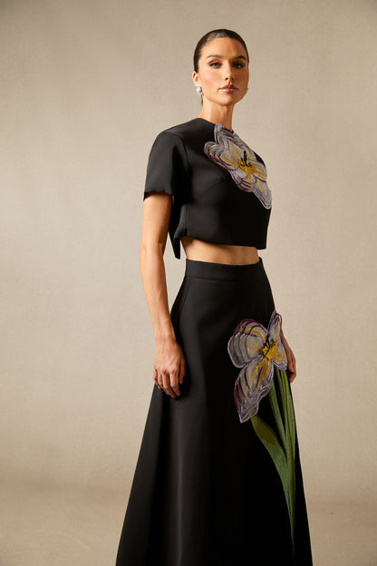 Angelica Floral Applique Short Sleeve Top & Skirt Set