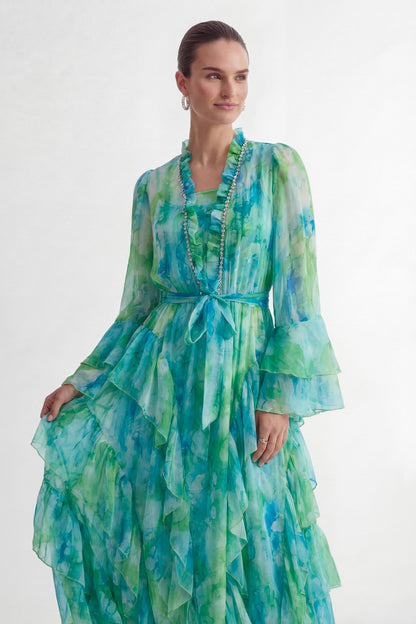 Vibes On Point Mint Green Abstract Print Tiered Ruffle Maxi Dress