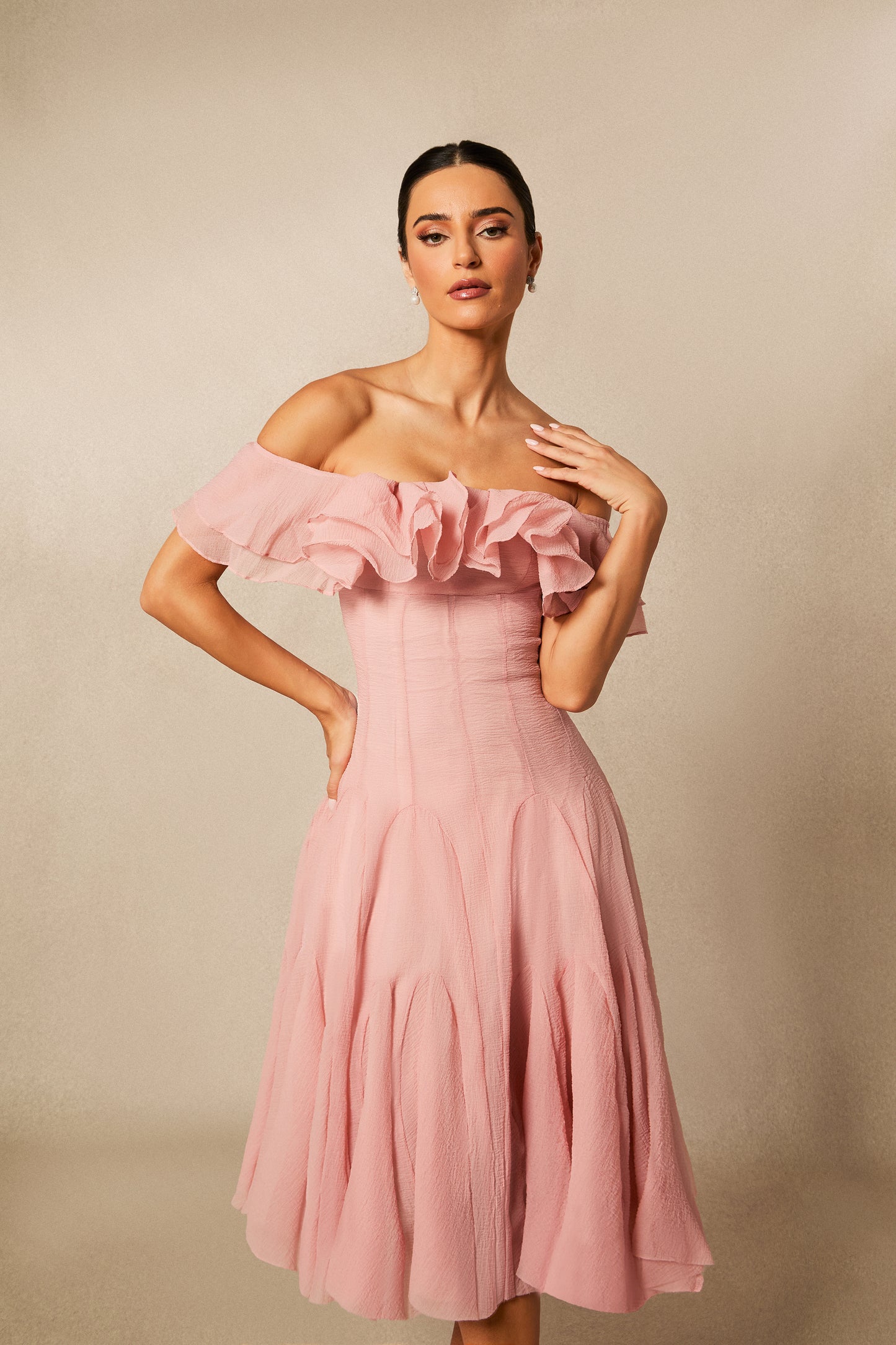 Vita Off Shoulder Ruffle Midi Dress
