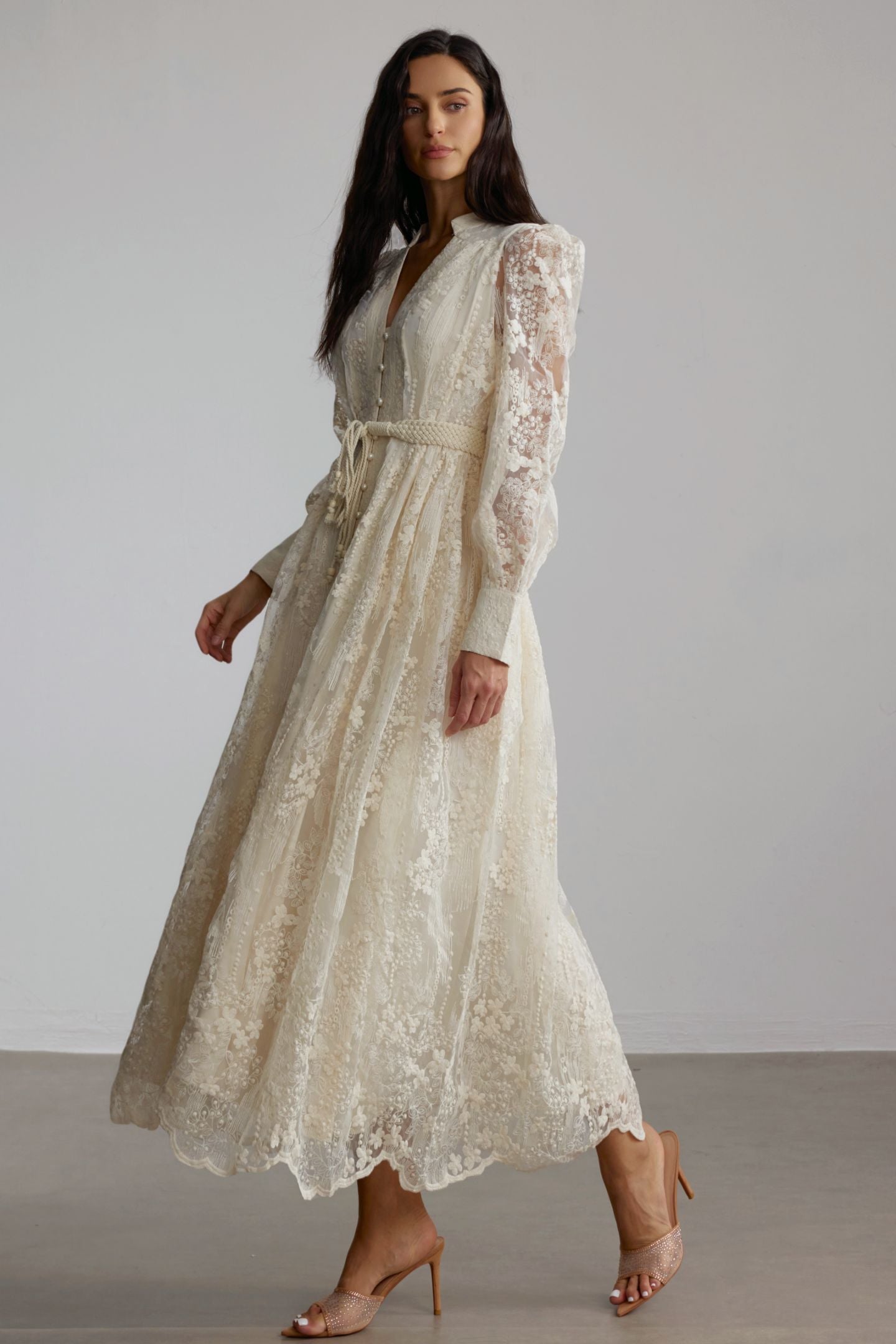 Madeline V-Neck Lace Embroidered Midi Dress