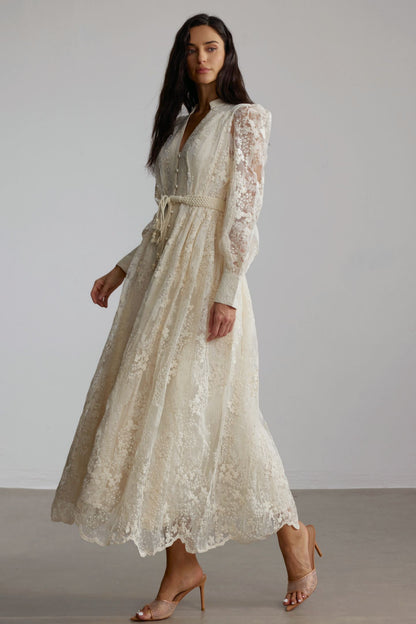 Madeline V-Neck Lace Embroidered Midi Dress