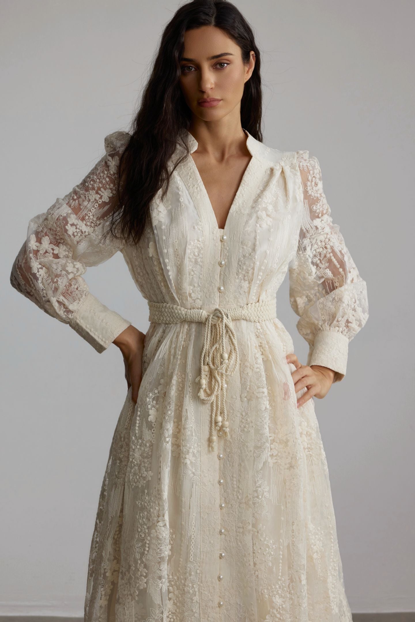 Madeline V-Neck Lace Embroidered Midi Dress