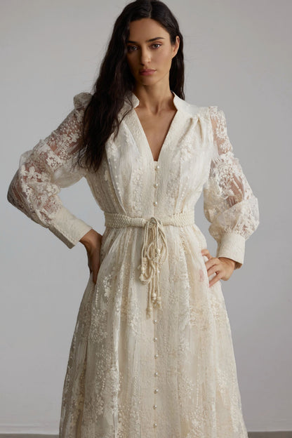 Madeline V-Neck Lace Embroidered Midi Dress