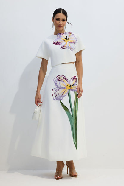 Angelica Floral Applique Short Sleeve Top & Skirt Set