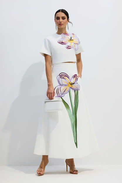 Angelica Floral Applique Short Sleeve Top & Skirt Set