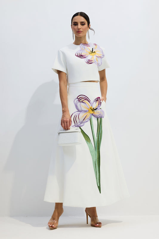 Angelica Floral Applique Short Sleeve Top & Skirt Set