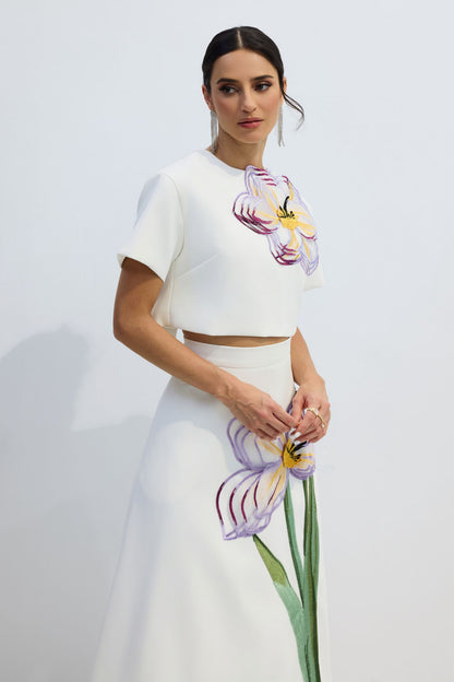 Angelica Floral Applique Short Sleeve Top & Skirt Set