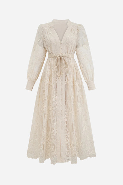 Madeline V-Neck Lace Embroidered Midi Dress